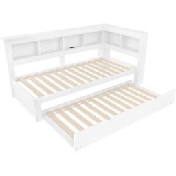 MODFU Cama infantil de madera blanca 90x200 cm con cama nido 90x190 cm