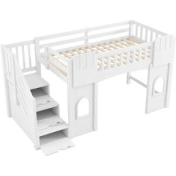 ComfortXL Cama alta infantil 90x200 cm con escalera de almacenaje blanca