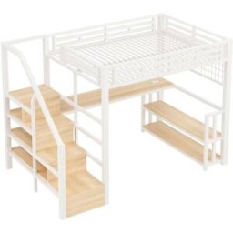 ComfortXL Cama alta 140x200 escritorio LED USB C almacenaje acero blanco
