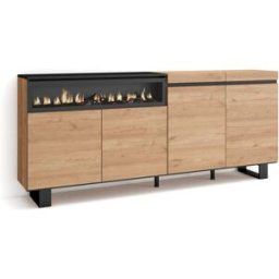 Skraut home Aparador efecto madera roble y negro 200x35x87cm chimenea efecto fuego
