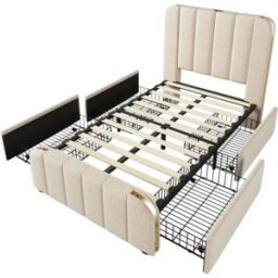 MODFU Cama infantil de lino beige 90x200 cm con 4 cajones y usb tipo c