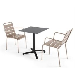 Oviala Mesa de jardín de conjunto laminado en gris pizarra y 2 sillones topo