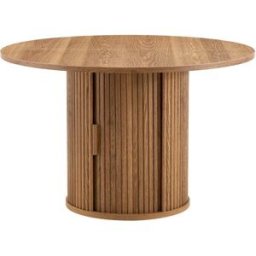 Urban Meuble Mesa de comedor redonda efecto madera, listones y almacenaje