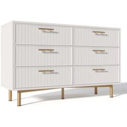 Urban Meuble Aparador blanco rayado con 6 cajones y detalles dorados, 120 cm