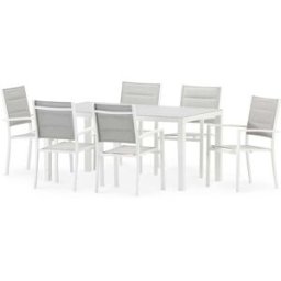 Defora Home Conjunto mesa fija 160×90 y 6 sillas jardín blanco