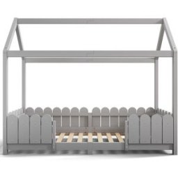 Meubles Cosy Cama infantil casa madera maciza gris, barandillas seguridad, 90x200
