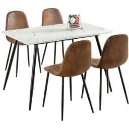 Urban Meuble Juego de mesa efecto mármol blanco y 4 sillas escandinavas.
