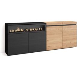 Skraut home Aparador efecto madera roble y negro 200x35x75cm chimenea efecto fuego