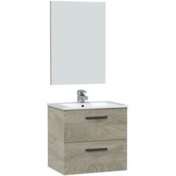 HOMN Mueble de baño suspendido 2 cajones, espejo y con lavabo, 60 cm
