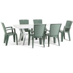 Fuori Conjunto de jardín en resina mesa rectangular blanca + 6 sillas verdes