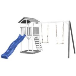 Axi Parque infantil con tobogán azul, columpio doble, madera, blanco/gris
