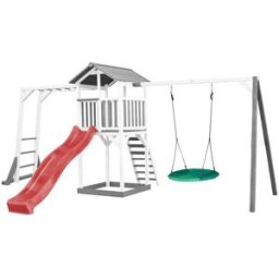 Axi Parque infantil con tobogán rojo, columpio nido, madera, blanco/gris