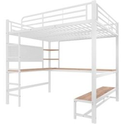 ComfortXL Cama alta infantil 140x200 con escritorio USB LED metal blanco