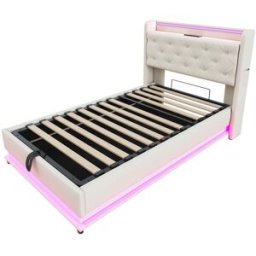 MODFU Cama infantil tapizada con led, usb y almacenaje 90x200 beige