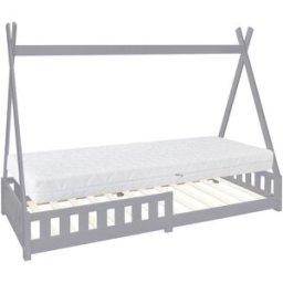 ML-Design Cama infantil tipi 90x200cm gris con colchón y tejado de tienda