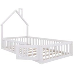 MODFU Cama infantil de pino blanco 90x200 cm con somier