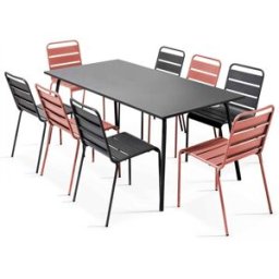 Oviala Conjunto mesa de jardín y 8 sillas de metal gris y arcilla