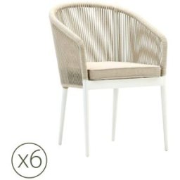 Kerama Pack de 6 sillas de jardin de aluminio blanco y cuerda con cojín