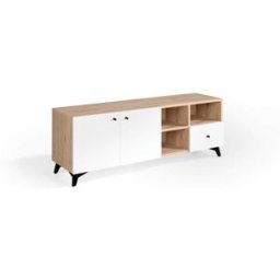 Pondecor Mueble TV COLONIA en MDF roble/blanco y patas negro mate.