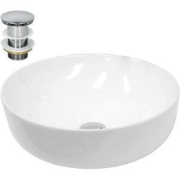 ECD Germany Lavabo blaco redondo de cerámica con desagüe plateado