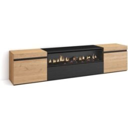 Skraut home Mueble tv efecto madera roble y negro 200x35x45 chimenea efecto fuego