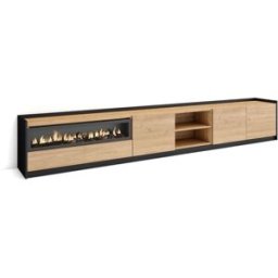 Skraut home Mueble tv efecto madera roble negro 310x37x50cm chimenea efecto fuego