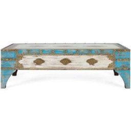 GINER Y COLOMER Mesa de centro de madera de mango azul y blanco envejecido