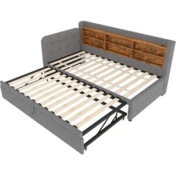 MODFU Cama infantil con cama extraíble y USB de lino 90x200 cm, gris