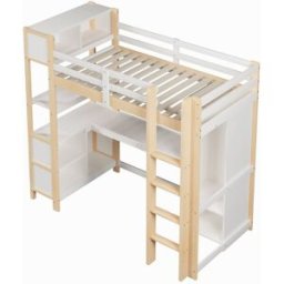 ComfortXL Cama alta infantil 90x200 cm con escritorio y armario blanco y natural