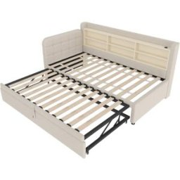 MODFU Cama infantil de lino beige de 90x200 cm con cama nido y usb