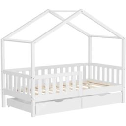 ML-Design Cama infantil casa madera blanco maciza de pino 80x160cm 2 cajones