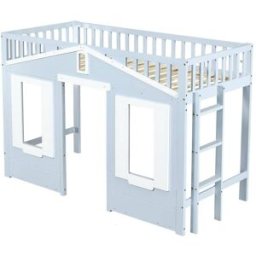 ComfortXL Cama alta infantil 90x200 cm con ventana y escalera azul