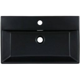 ECD Germany Lavabo cerámico negro rectangular para baño con juego de drenaje