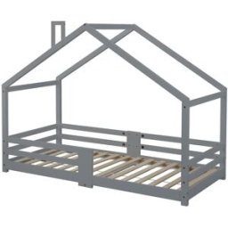 OKWISH Cama infantil gris de madera maciza diseño casita 90x200 cm