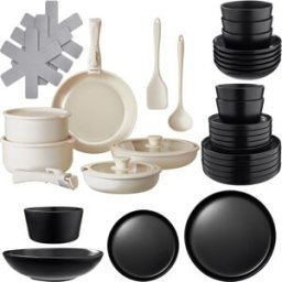 Tectake Set básico de cocina para 6 personas, 40 piezas, negro/blanco