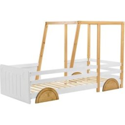 OKWISH Cama infantil blanca y natural de madera forma coche 90x200 cm