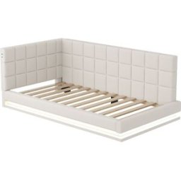 MODFU Cama infantil de lino beige de 90x200 cm con luz led y toma usb