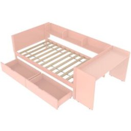 MODFU Cama infantil de madera rosa 90x200 cm con 2 cajones y escritorio