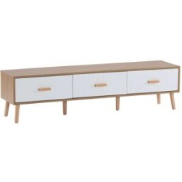 MODFU Mueble tv con puertas retro y 3 cajones, 150 cm, blanco/madera clara