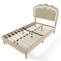 MODFU Cama infantil de lino beige de 90x190 cm con cabecero regulable