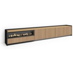Skraut home Mueble tv efecto madera roble y negro 310x37x50 chimenea efecto fuego