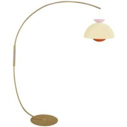 Tosel Lámpara de pie arco metal amarillo madera natural pantalla multicolor