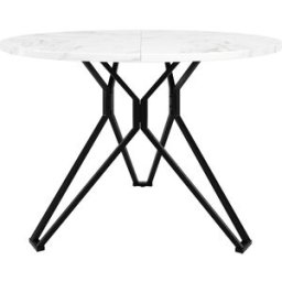 Urban Meuble Mesa de comedor redonda con efecto mármol blanco y patas negras.