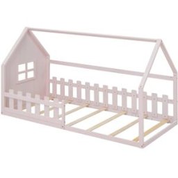 MODFU Cama infantil de pino rosa 90x200 cm con somier