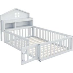 OKWISH Cama infantil blanca de madera maciza con almacenaje 90x200 cm