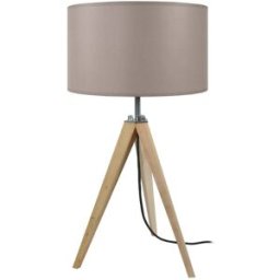 Tosel Lámpara de mesa trípode madera natural metal pantalla taupe