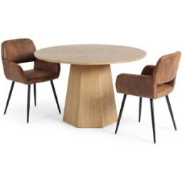 Urban Meuble Conjunto mesa redonda 120 cm y 2 sillas marrón efecto cuero y metal