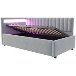 MODFU Cama infantil terciopelo gris claro 90x200 cm con almacenaje y led