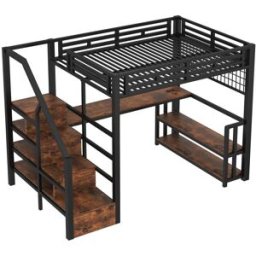 ComfortXL Cama alta 140x200 con escritorio LED USB C almacenaje en acero negro