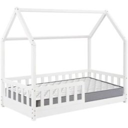 WellHome Cama infantil y colchon en madera blanco 195x98,2x148cm
